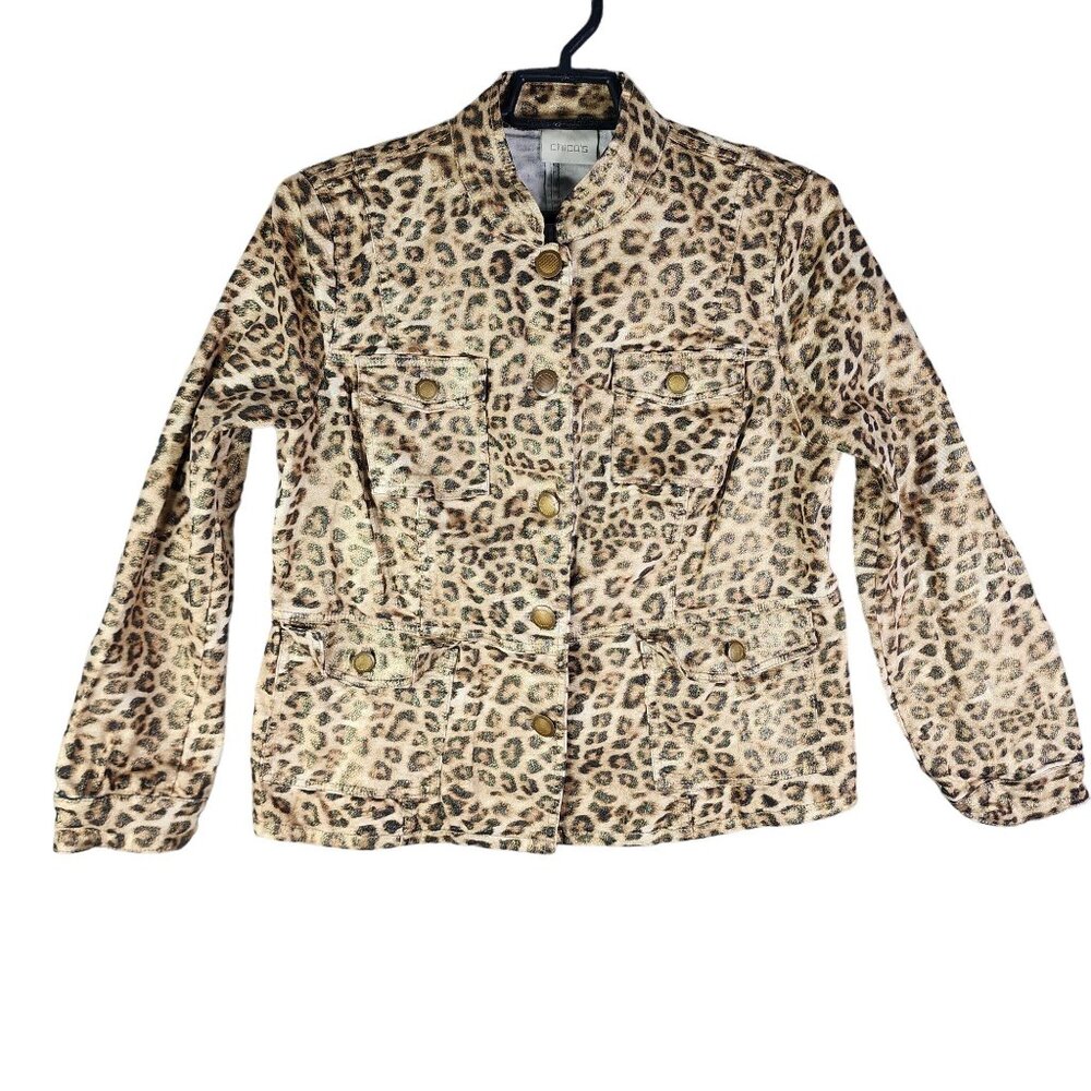 Chico's Brown Leopard Print Jacket Button Up Front Pockets Long Sleeve Size 1